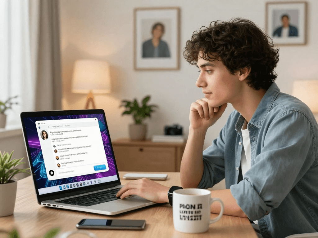 User engaging in porn AI chat on a laptop in a stylish home office.