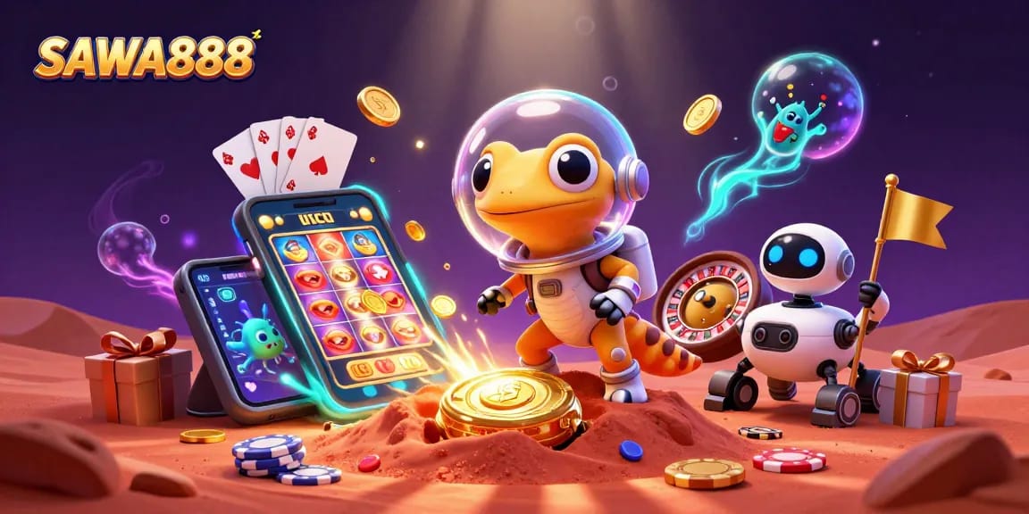 SAWA888 offers exciting slots within a vibrant 3D casino scene featuring a Martian gecko