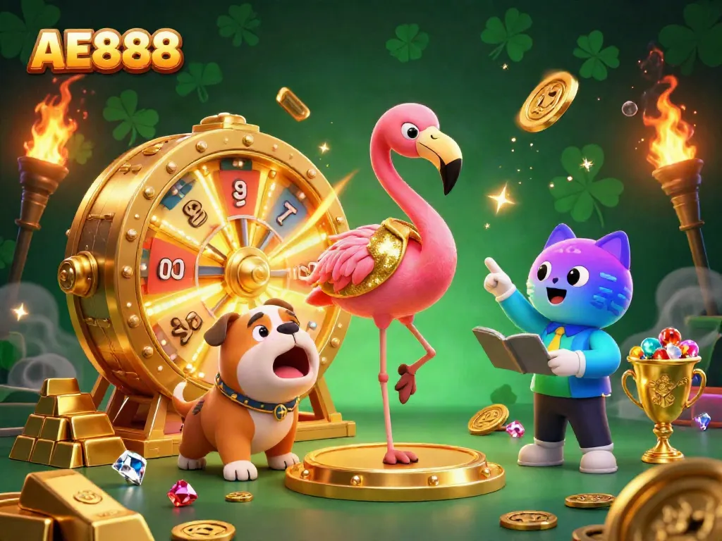 Experience the excitement of AE888 casino with a vibrant cartoon scene featuring a flamingo host and bulldog contestant.