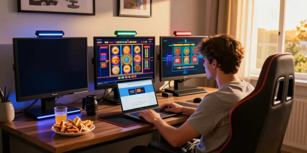 Engaging scene of a player at home enjoying mastercard casinos with vibrant slot games on multiple screens.