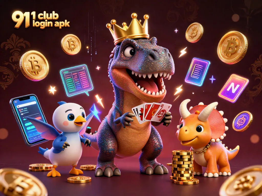 Engage with the captivating dynamics of 91 club login apk featuring a T-Rex shuffling cards while a friendly pterodactyl assists.