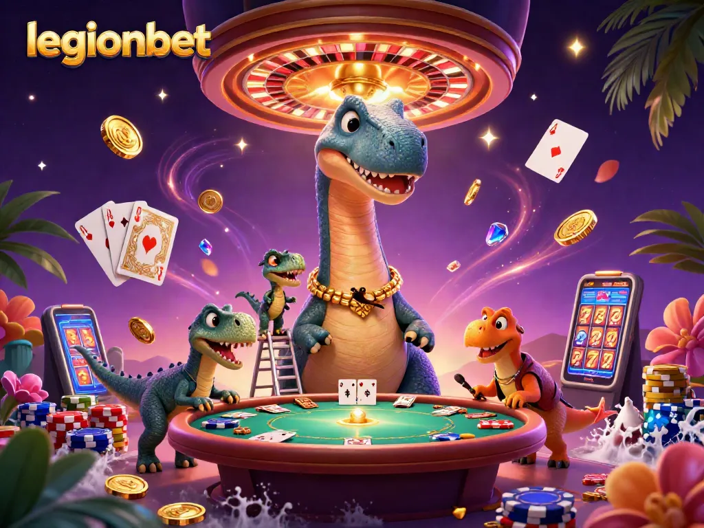 Experience thrilling gaming at legionbet with a whimsical dinosaur-themed casino scene.