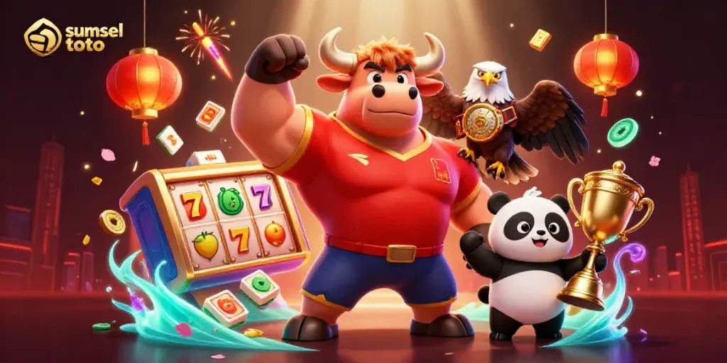 Engage with sumsel toto visuals showcasing an energetic 3D bull, eagle, and panda amidst vibrant casino elements.