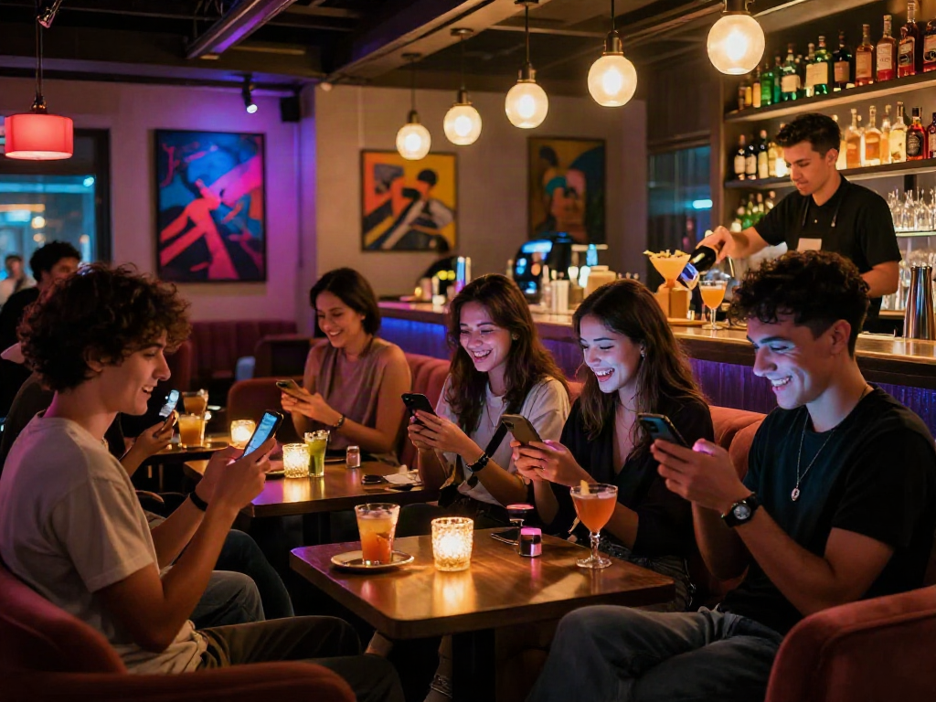 Friends enjoying NSFW content in a vibrant bar setting with cocktails.