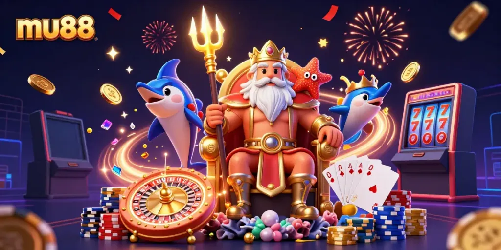 Experience thrilling casino action with mu88 through vibrant 3D illustration featuring Neptune and games.