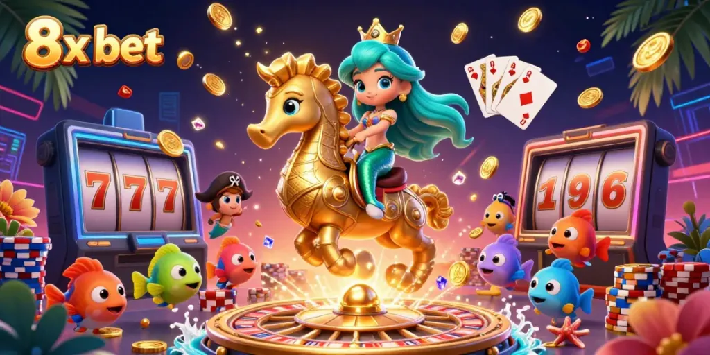 Engage with the vibrant 8x bet scene featuring a mermaid princess, seahorse, and dynamic casino elements.