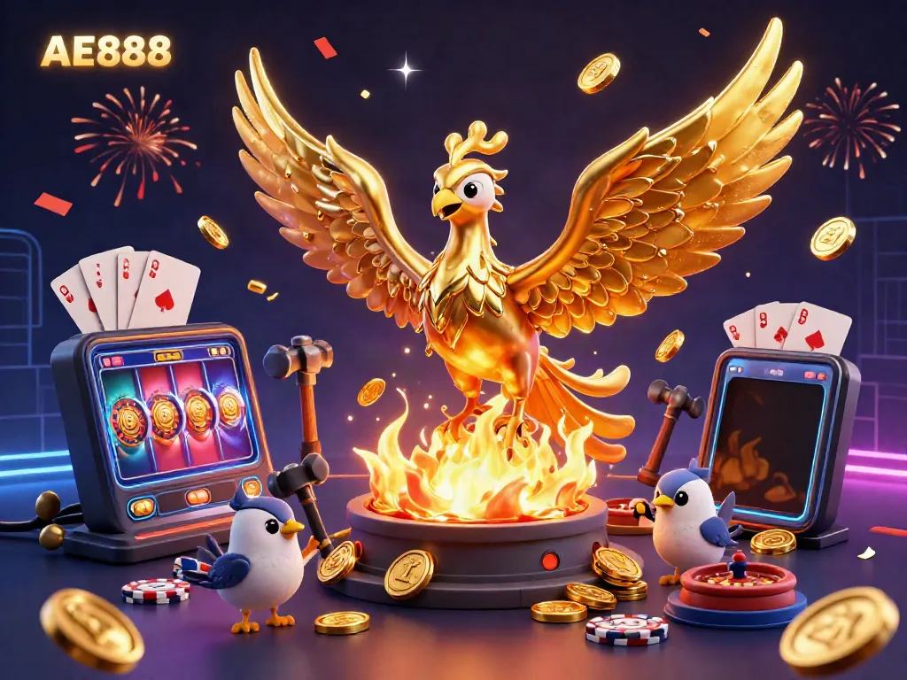 Experience the thrill of AE888 with a golden phoenix amidst dynamic casino elements, celebrating your wins!