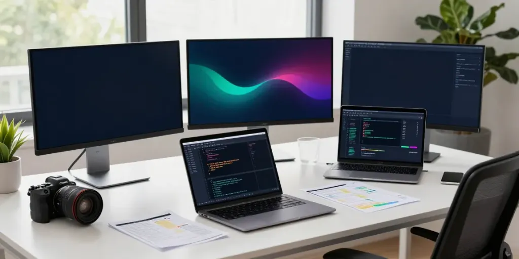 Professional workspace showcasing instant indexing tasks on multiple screens.