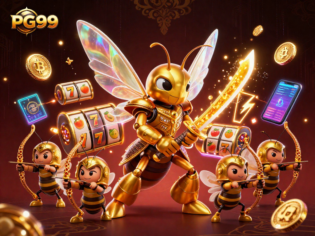 Engage with PG99's vibrant casino action, featuring a gold hornet samurai amidst slot reels.