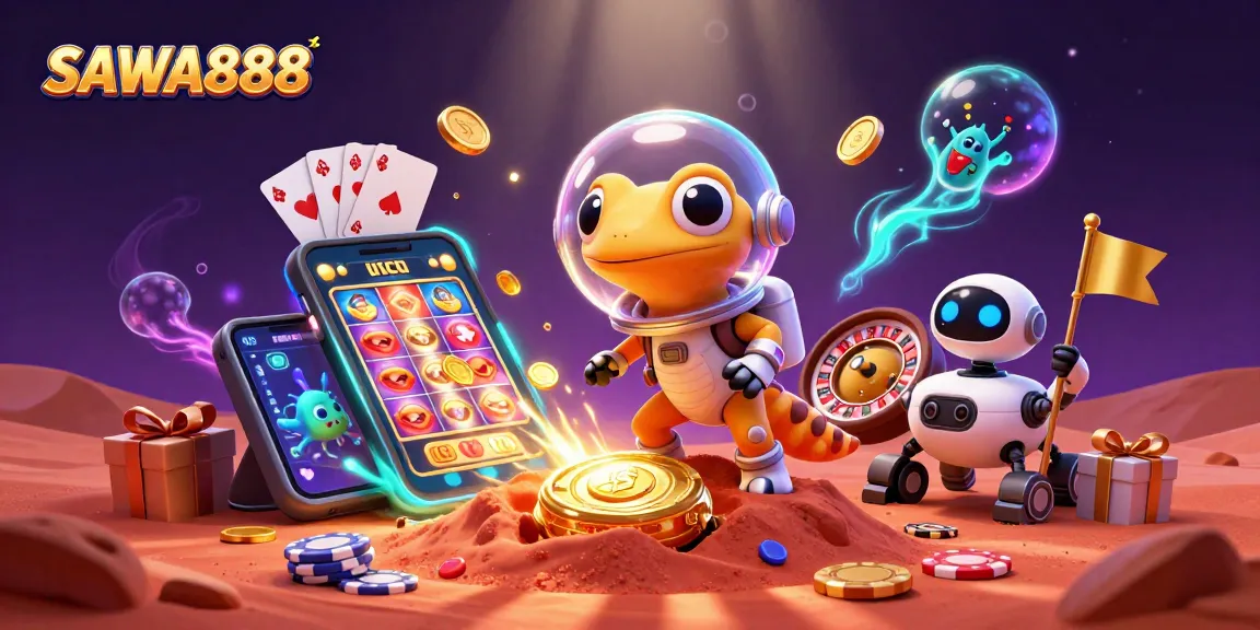 SAWA888 offers exciting slots within a vibrant 3D casino scene featuring a Martian gecko