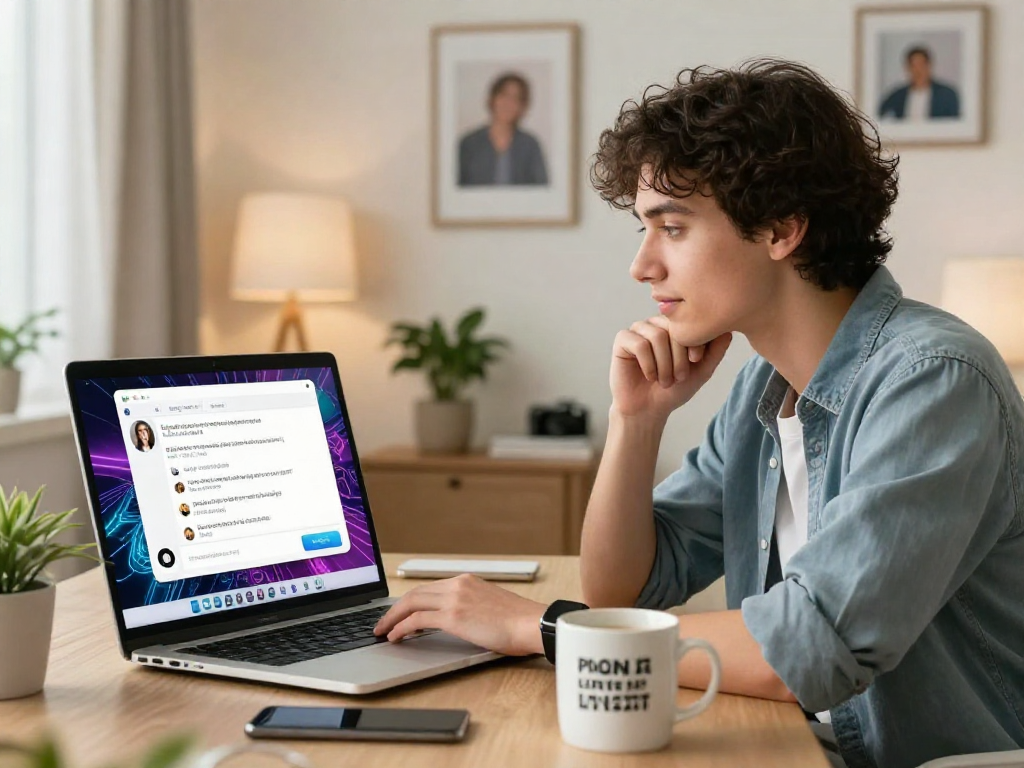 User engaging in porn AI chat on a laptop in a stylish home office.