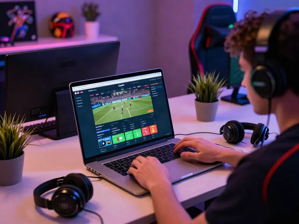 Engaged user placing bets on 9bet's online platform in a vibrant gaming setup
