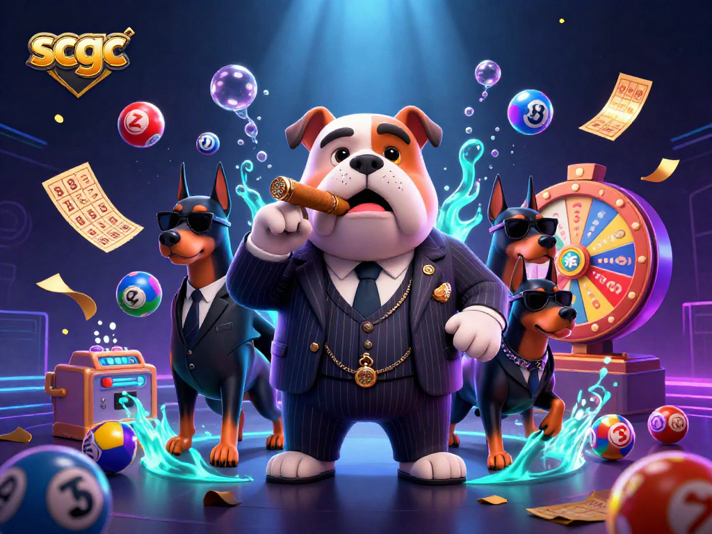 Join the scgc cartoon mafia in a vibrant casino scene featuring colorful lottery elements and a money rain effect.
