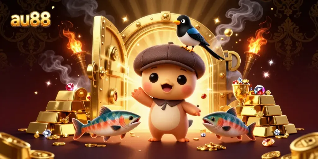 Experience fun with au88's playful casino-themed illustration featuring Nessie and friends.