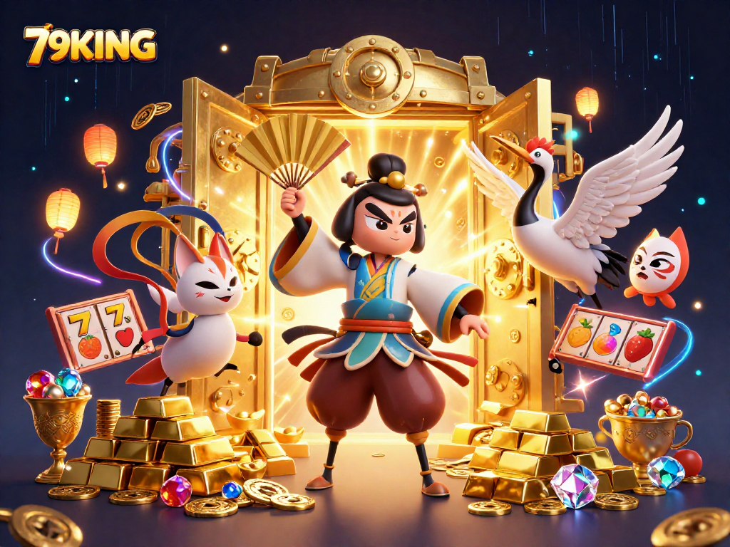 Immerse in the dynamic world of 79KING, featuring a kabuki warrior and jackpots in vibrant 3D.