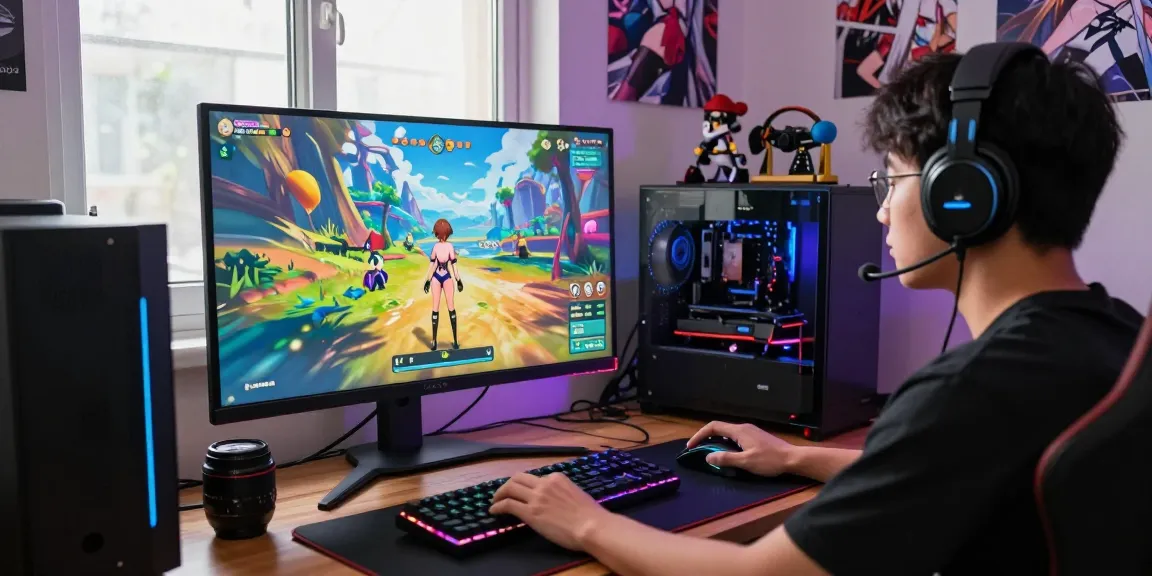 Player immersed in a vibrant hentai game with gaming setup and collectibles.