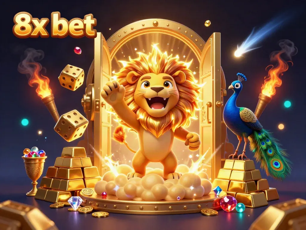 Engage in the thrilling experience of 8x bet with a vibrant 3D casino scene featuring deluxe games and golden treasures.
