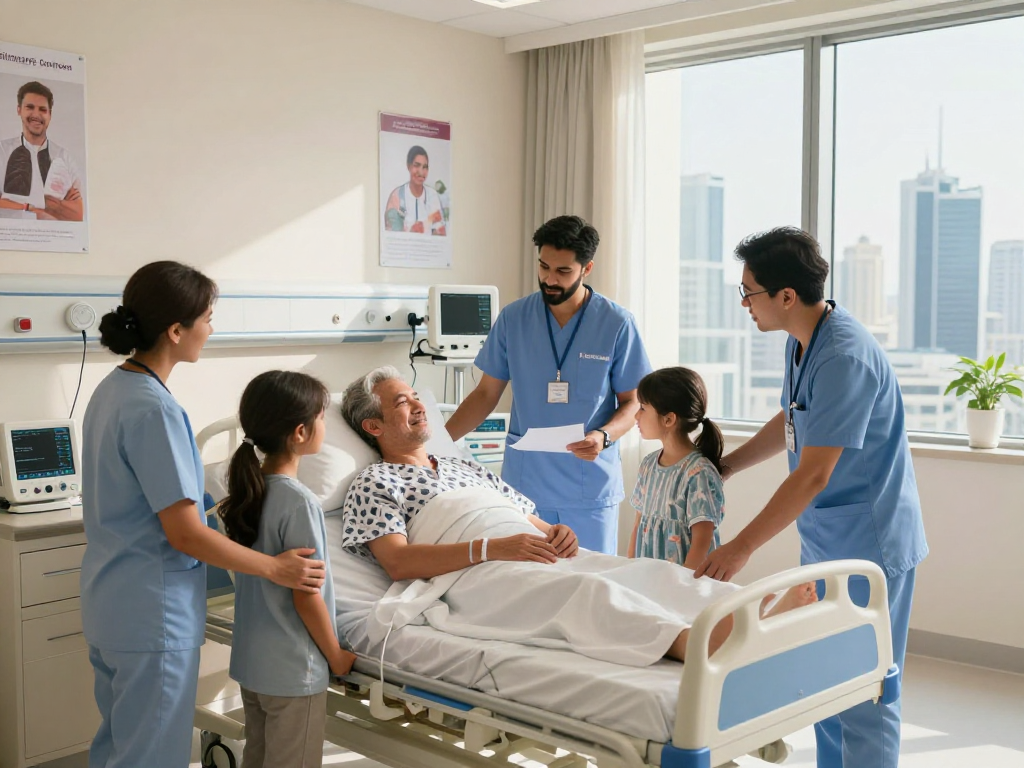 lung transplant Abu Dhabi patient recovering with family support in bright hospital room