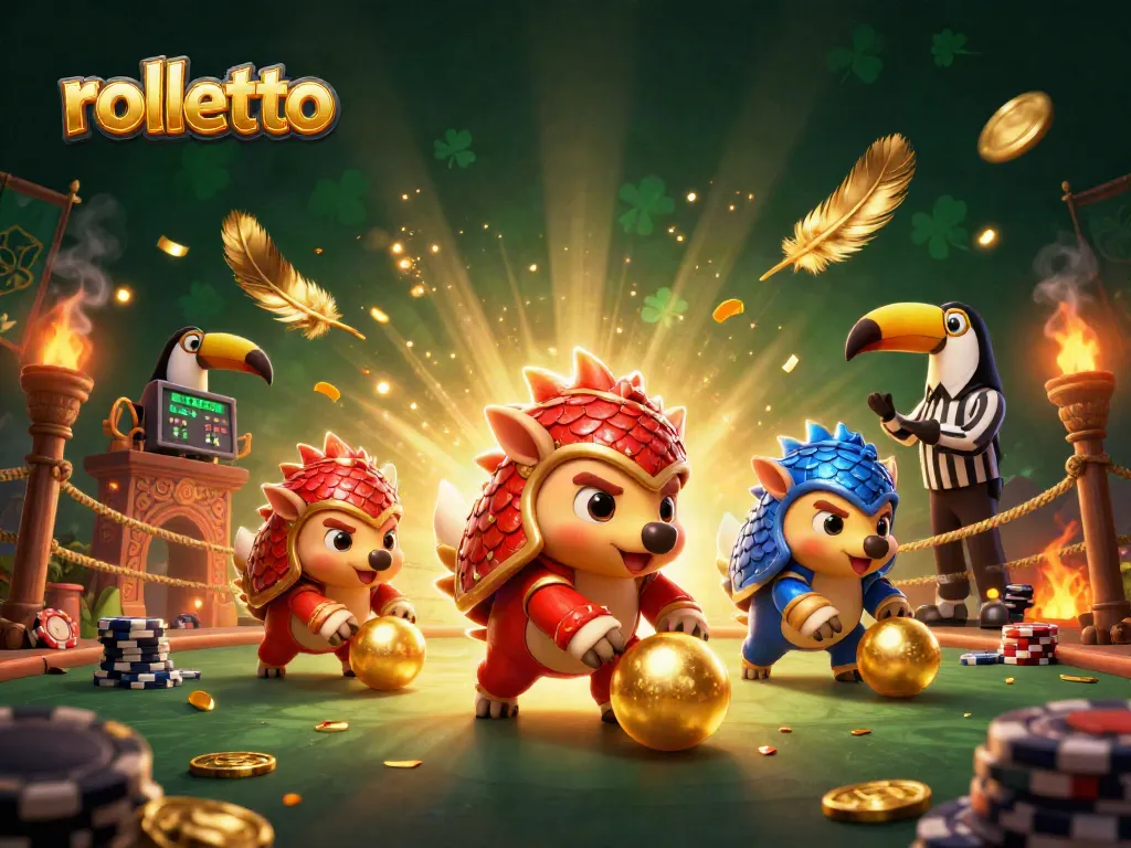 rolletto pangolins roll into golden balls while bowling through poker chips in a vibrant, dynamic casino setting.