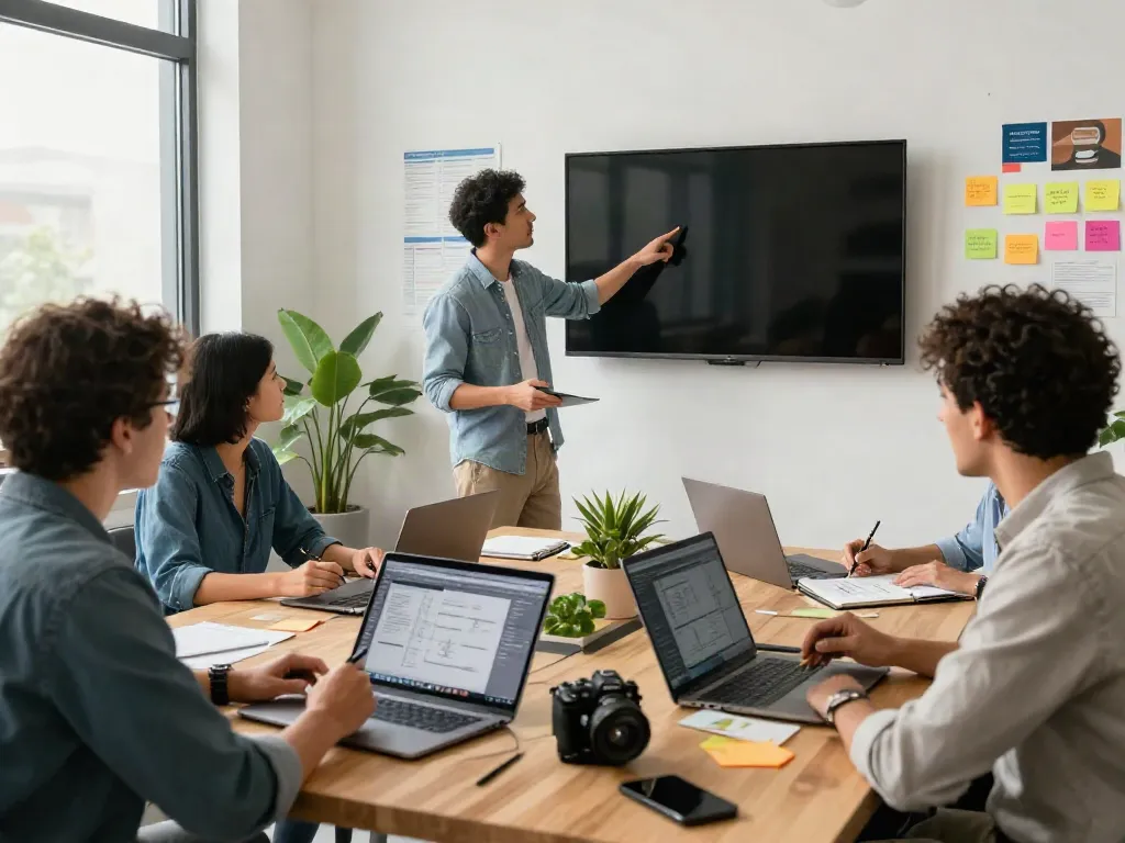 Team collaboration in the know at a modern creative workspace with laptops and design tools.