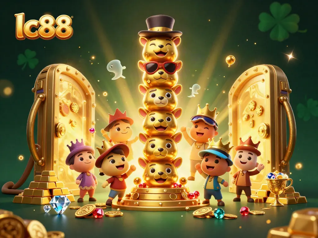 Experience the magic of lc88 with an enchanting 3D casino totem scene featuring gold treasures.