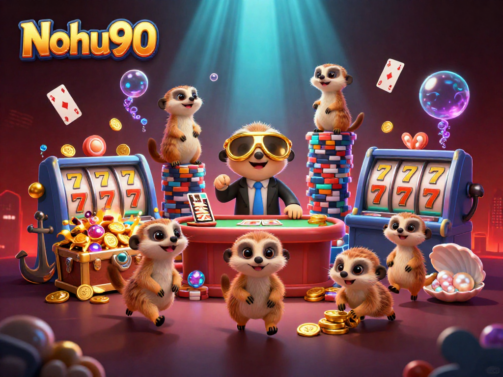 Nohu90 showcases a vibrant meerkat casino scene with card dealers, treasures, and a dazzling atmosphere