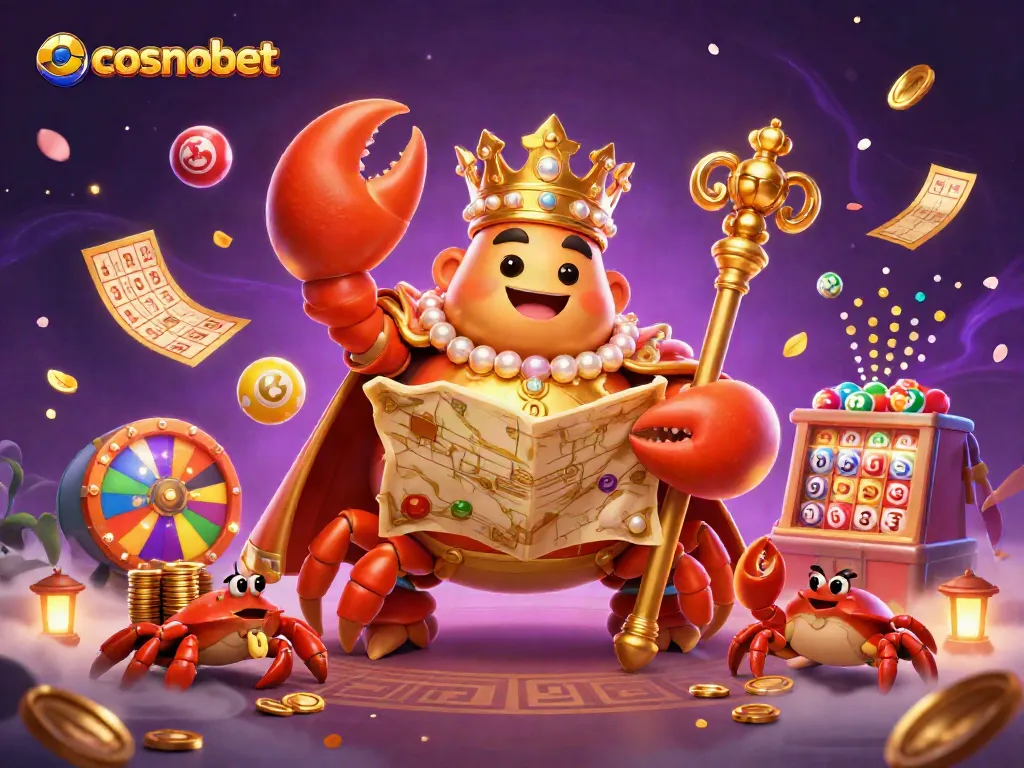 Experience exciting wins at Cosmobet with a colorful array of gambling elements and a vibrant golden crab emperor.