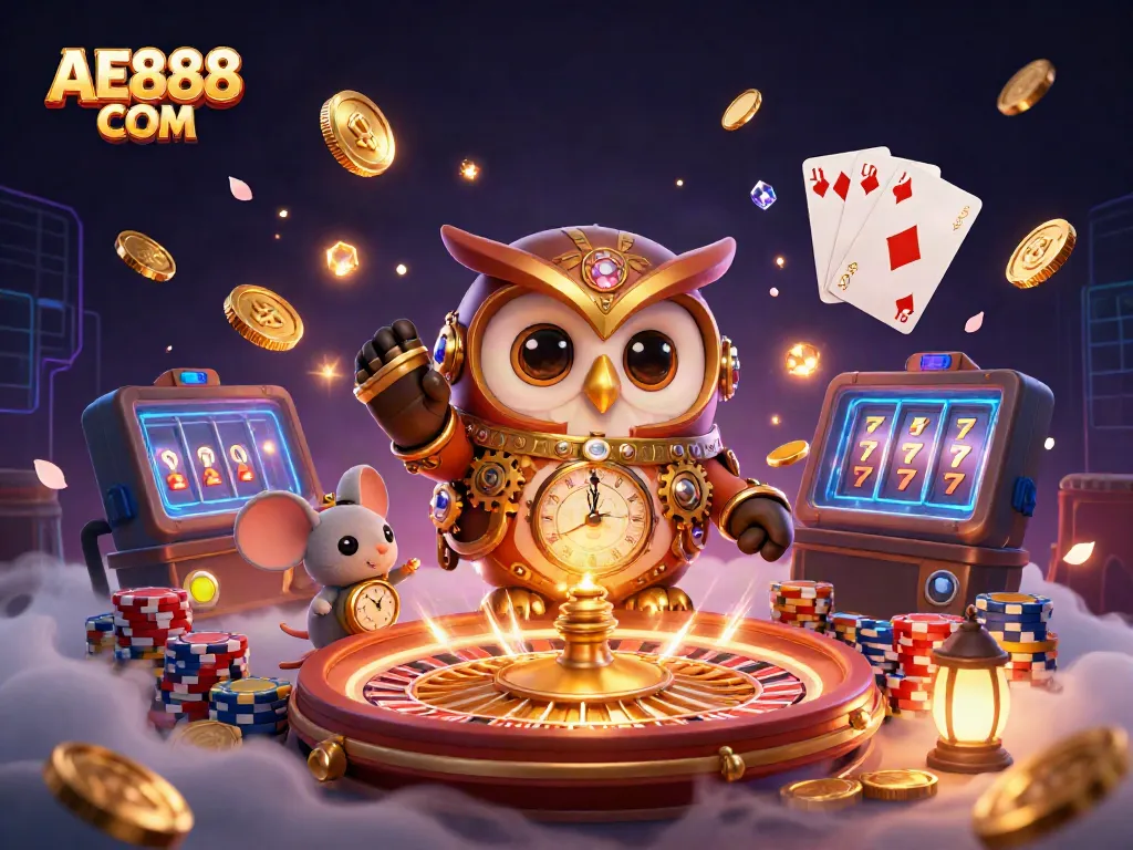 Experience the thrilling world of AE888 COM with steampunk characters and casino elements in a vibrant 3D scene.