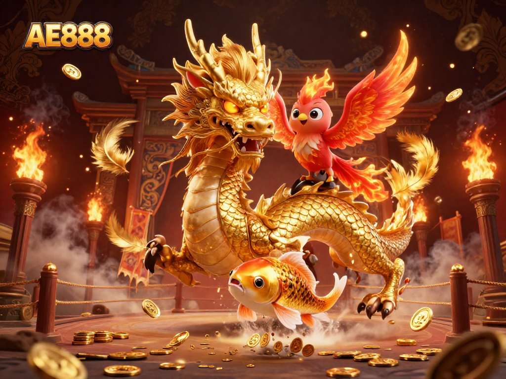 Engage with the thrilling AE888 experience through a vibrant 3D scene, showcasing excitement and fortune.