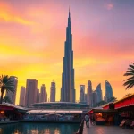 Discover the vibrant skyline of Dubai during sunset, a perfect illustration of travel to Dubai experiences.