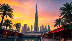 Discover the vibrant skyline of Dubai during sunset, a perfect illustration of travel to Dubai experiences.