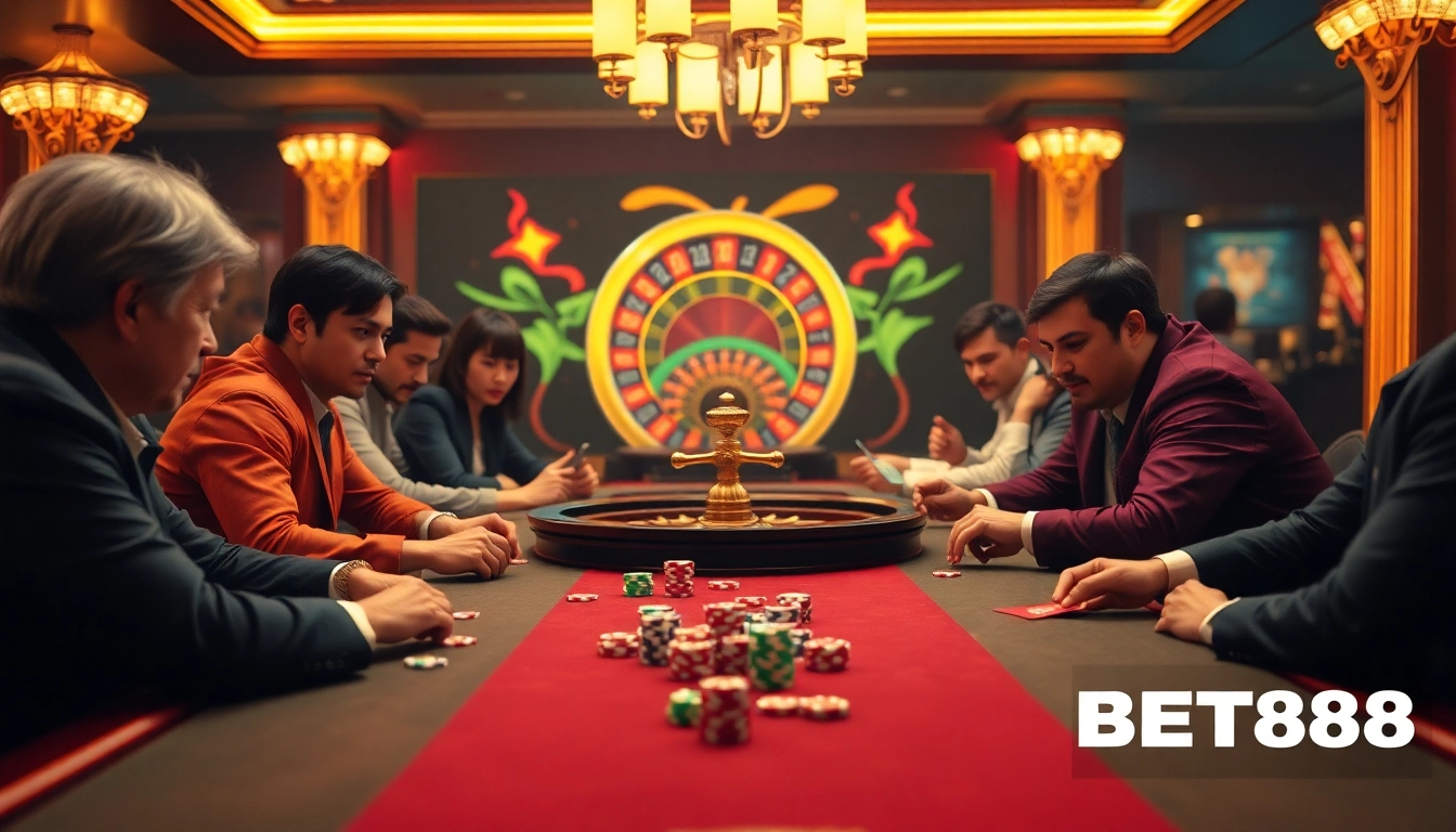 Experience thrilling poker action at BET888 with players engaged in high-stakes gameplay amidst vibrant casino lights.