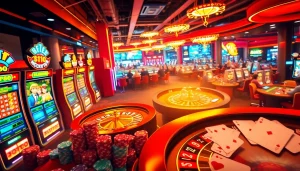 Gameplay at Casino FB88 featuring exciting slot machines, live poker tables, and vibrant roulette wheels.