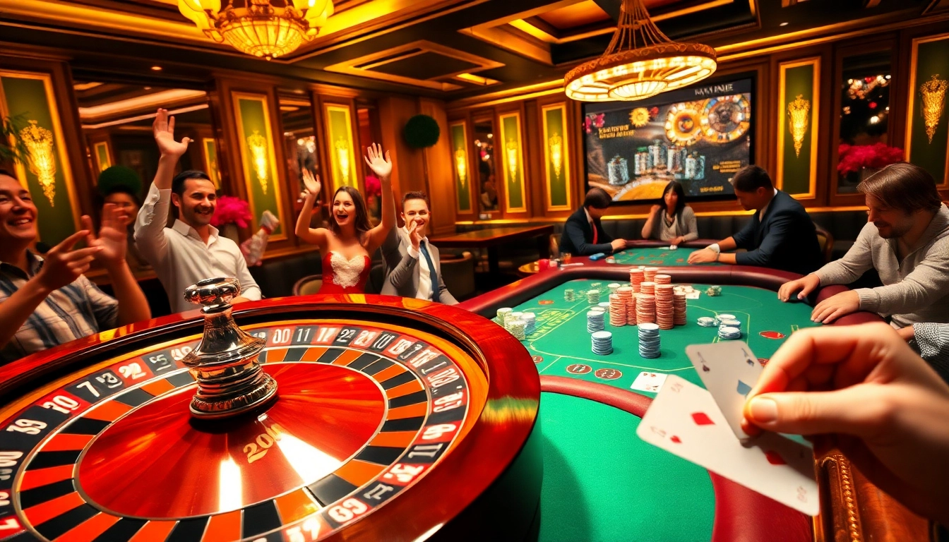 Experience the thrill of game bài đổi thưởng at a vibrant casino featuring poker and roulette excitement.