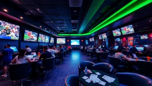 Exciting scene showcasing patrons enjoying sports betting at Nhà Cái SV88 lounge.