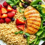 Delicious healthy food on a colorful plate showcasing fresh fruits and vegetables.