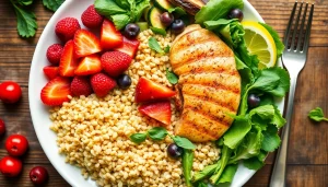 Delicious healthy food on a colorful plate showcasing fresh fruits and vegetables.