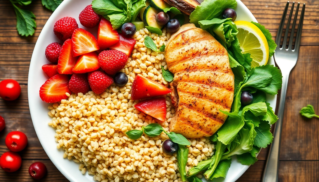 Delicious healthy food on a colorful plate showcasing fresh fruits and vegetables.