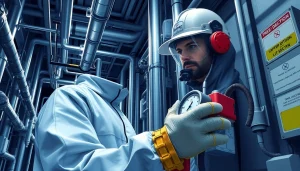 Technician conducting Tracer Gas Leak Detection with advanced equipment in an industrial setting.