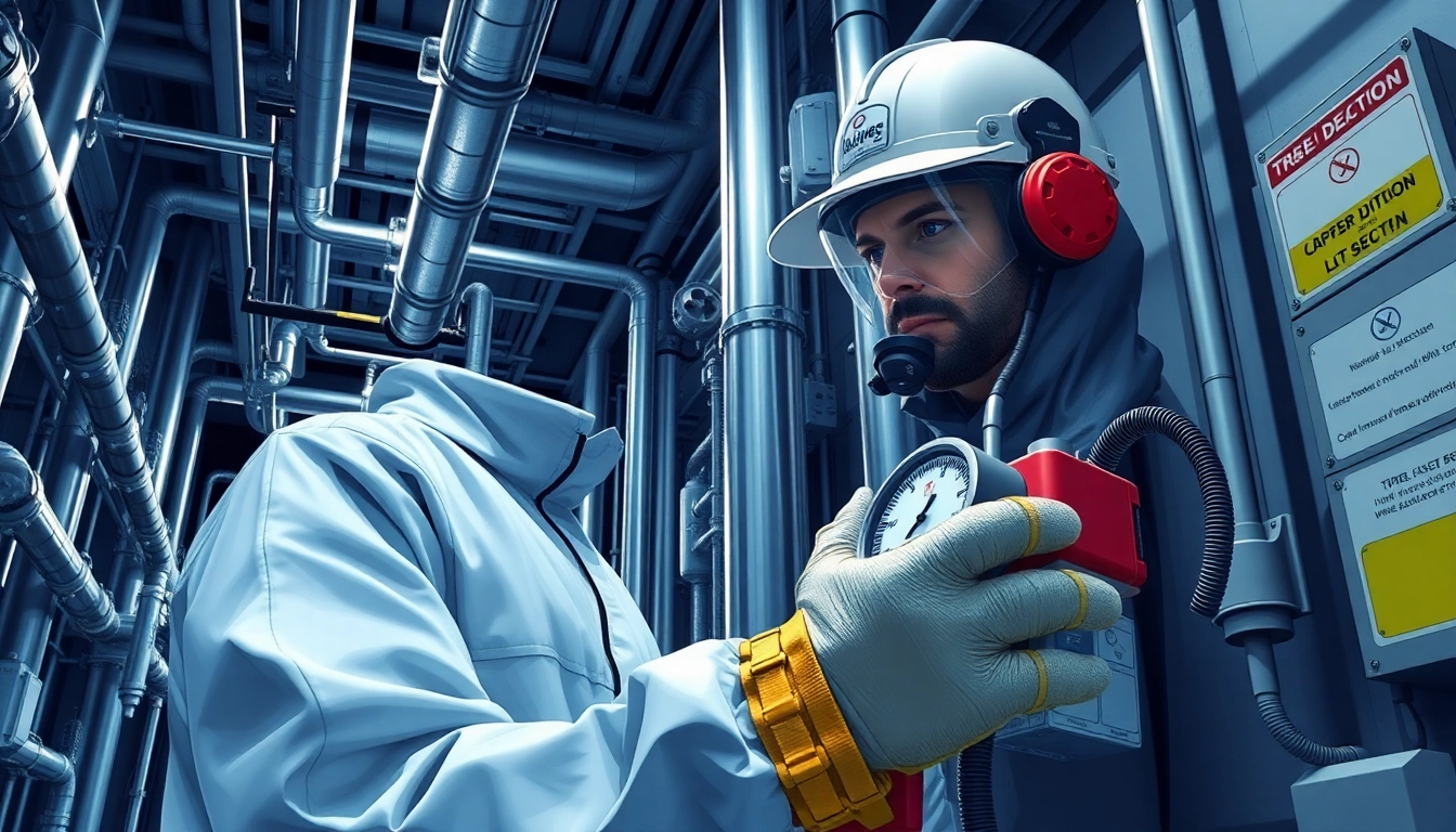 Technician conducting Tracer Gas Leak Detection with advanced equipment in an industrial setting.