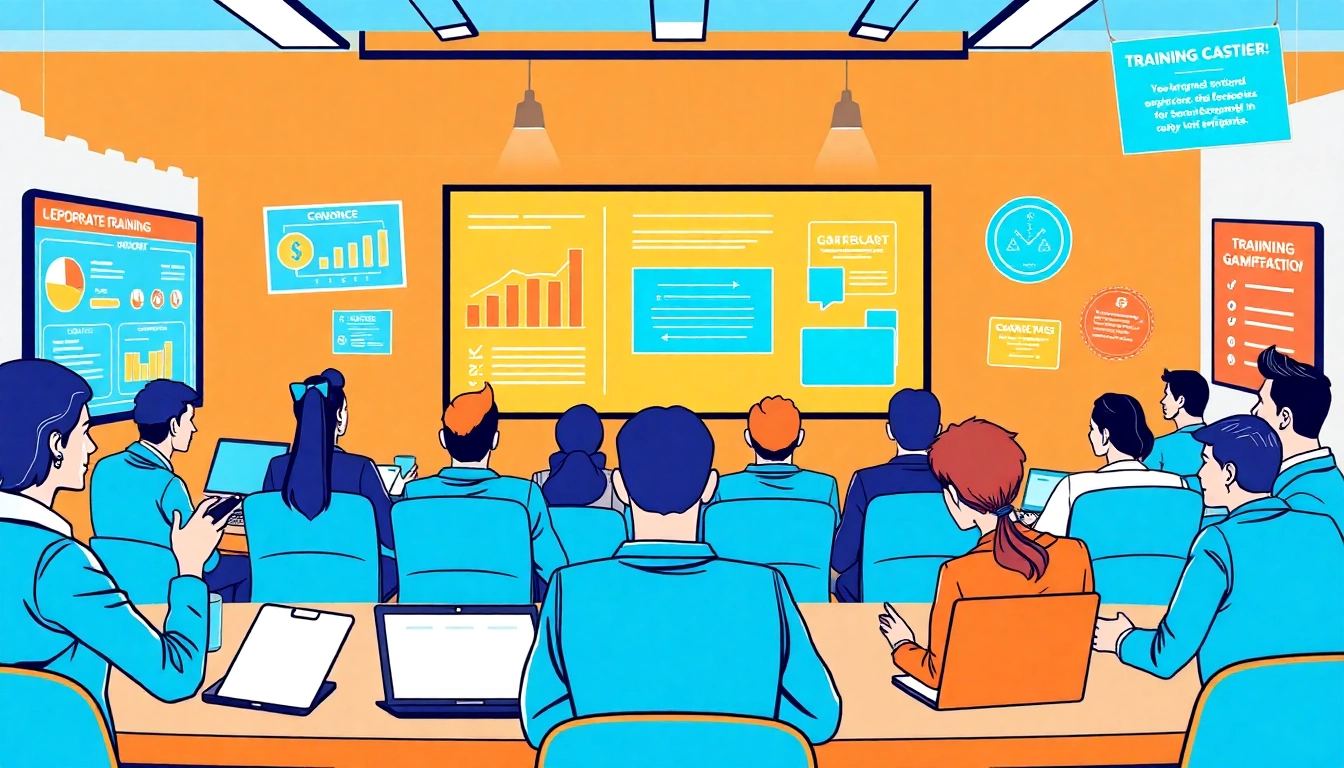 Employees engaged in training gamification through interactive workshops and game elements.