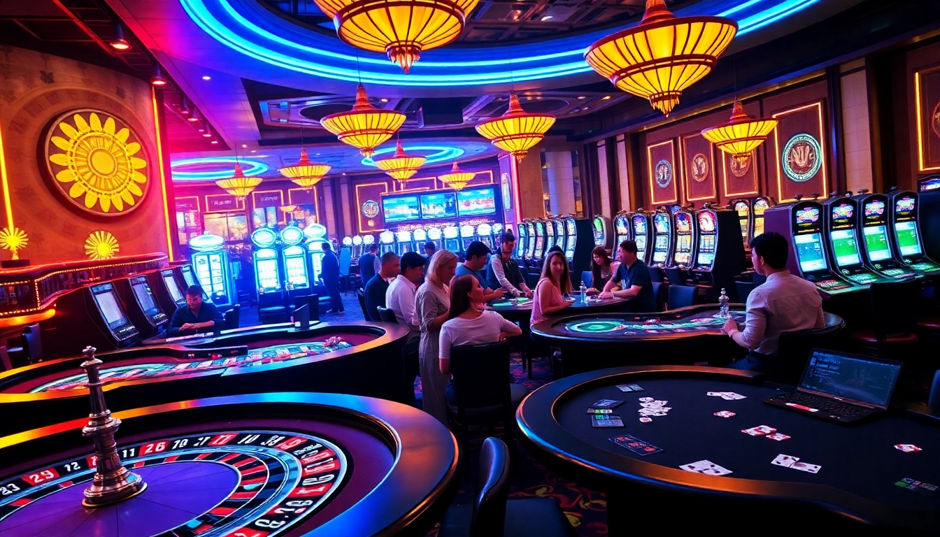 An engaging casino scene with KJC AC 3 highlighting players at table games and slot machines amid a vibrant atmosphere.