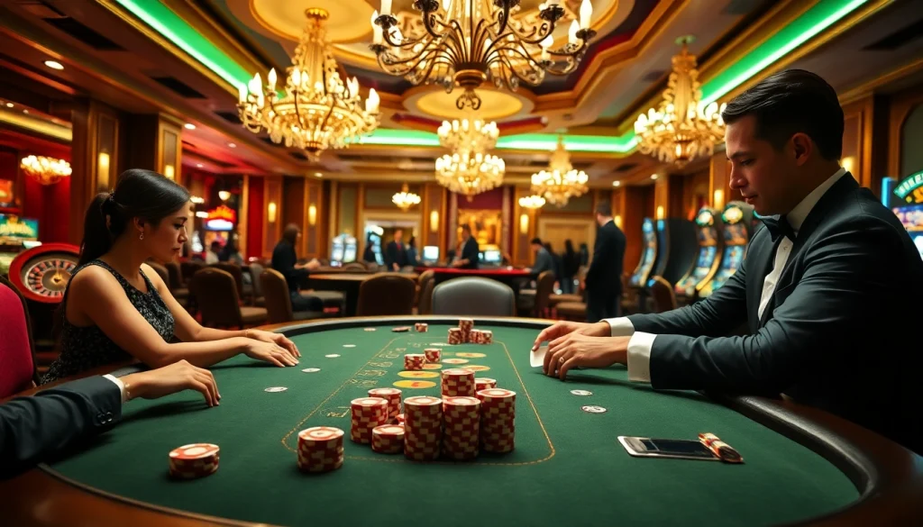Experience the thrills at uk88 nhà cái with players engaged in a high-stakes poker game surrounded by vibrant casino elements.