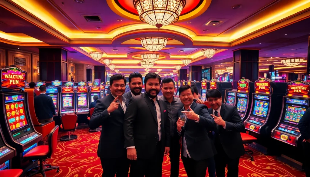 Experience the excitement at a Situs Slot Terpercaya casino with vibrant slot machines and lively players.