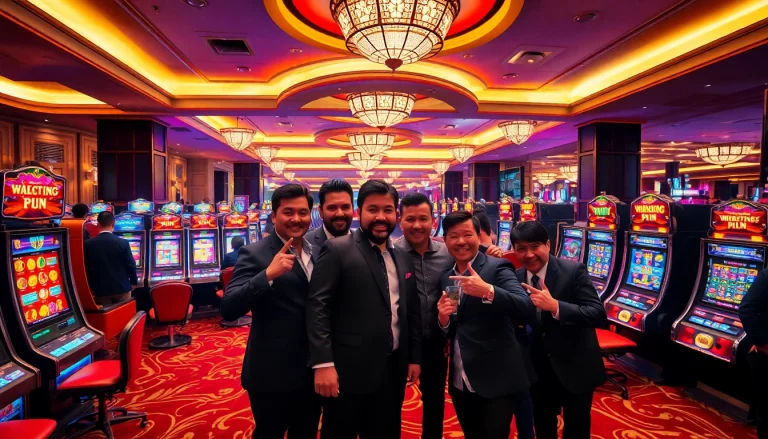 Experience the excitement at a Situs Slot Terpercaya casino with vibrant slot machines and lively players.