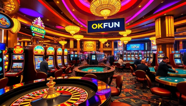 Players enjoying vibrant games at OKFUN Casino with slot machines and poker tables.