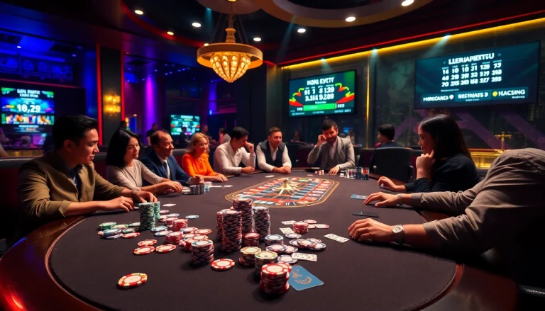 Experience high-stakes action at https://789winjj.com/ with vibrant poker chips and an elegant casino setting.