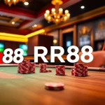 Experience thrilling action at RR88 with virtual poker chips and a vibrant slot machine.