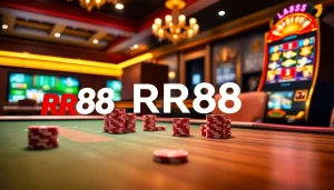 Experience thrilling action at RR88 with virtual poker chips and a vibrant slot machine.