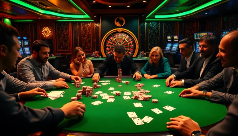 Intense gambling moment at a luxurious poker table featured on https://nk88.diy/ with chips and cards in play.